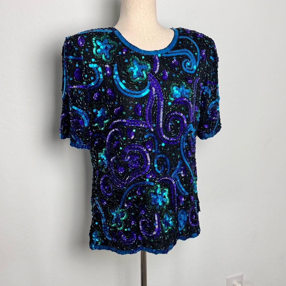 VINTAGE Laurence Kazar 100% Silk all over Sequin Formal Cocktail Top Size M